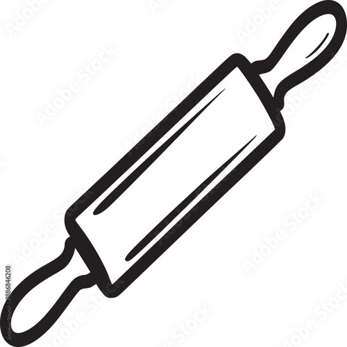 A simple black and white drawing of a rolling pin used for baking on a white background surface