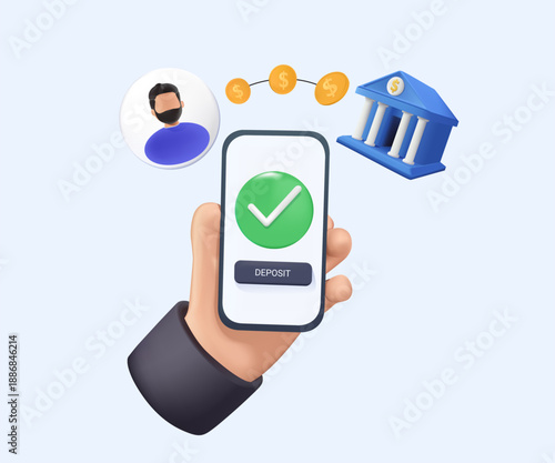 Online banking transfer money 3D vector illustration concept. Internet bank account deposit. Finance business. Financial deposit technology. smartphone holding typing bank application transfer paying
