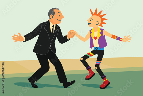 family connection concept, father and son dancing together on the street, diversity accept theme, cartoon vector  