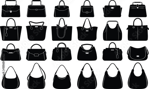 Handbag silhouettes collection with purses totes and shoulder bags, fashion accessories vector illustration, black isolated women bags set for retail, branding, and design