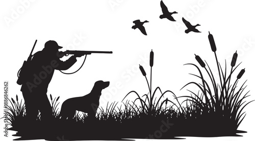 Silhouette of a Hunter with a Dog Aiming at Flying Ducks in a Marsh also transparent background rifle