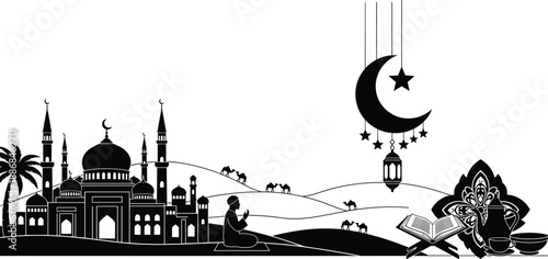 Black and white illustration of Islamic traditions featuring mosque, prayer, crescent moon, Quran, lantern, and camels in a symbolic Ramadan-themed minimalist design.