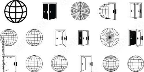 Globe and open door icon set in outline style symbolizing access world entry security navigation and global concepts