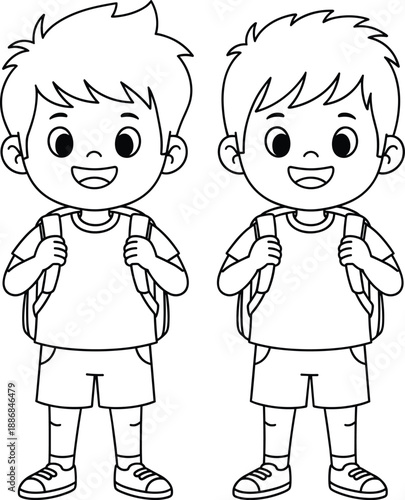 Two Young Happy School Boys with Backpacks Going to School Outline Vector Illustration for Childhood Education and Student Learning Concept