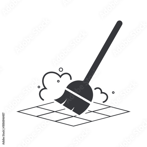 Isolated pictogram of wooden-handled broom sweeping dusty floor, flying particles visible, simple clear outline, perfect for cleaning, hygiene, and household themes