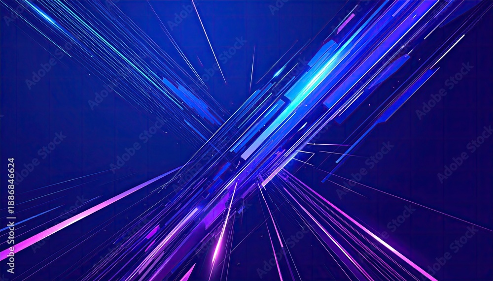 Fototapeta premium Abstract, futuristic explosion of glowing lines and shapes on a dark blue background