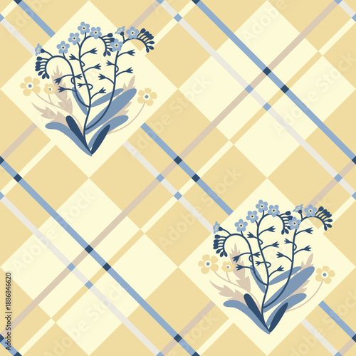 Seamless pattern with forget-me-not flowers and diamond stripes on the buttermilk background.