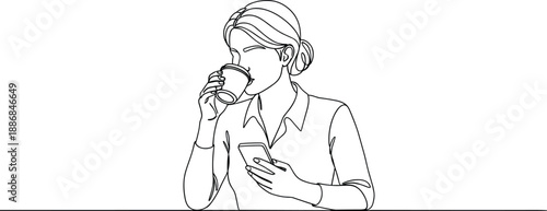 Continuous One Line Drawing of Professional Woman Drinking Coffee and Using Smartphone for Morning Routine Business Communication and Lifestyle Concept Vector Illustration