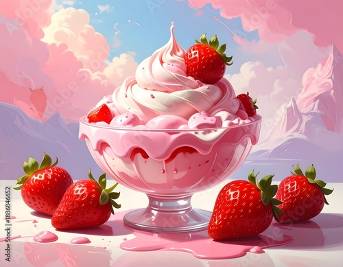 A vibrant, dreamy depiction of strawberry ice cream in a detailed, ornate glass dish, with fresh berries and pink accents