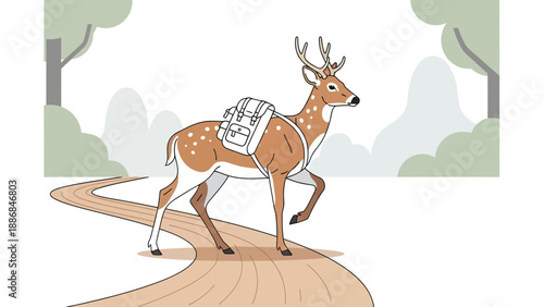 Whimsical Deer Illustration Wearing Backpack on Pathway Through Forest Landscape