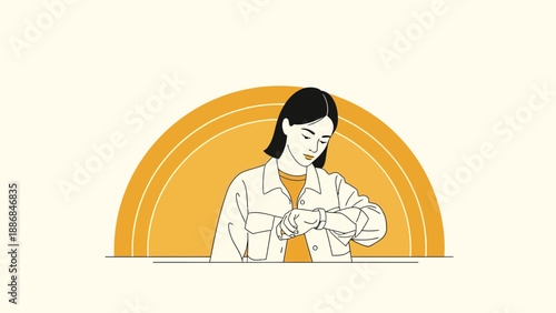 Woman Checking Time Punctuality Illustration With Vintage Aesthetic Background