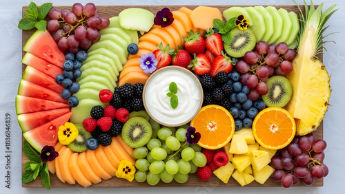 A colorful fruit platter served with yogurt dip and flowers