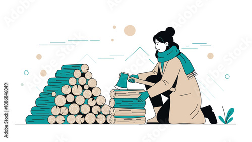 Woman Chopping And Stacking Firewood Winter Scene Outdoor Activity Preparedness
