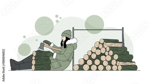 Woman Chopping Firewood Winter Preparing Concept In Minimal Style Illustration