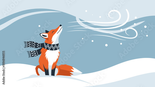 Whimsical Fox Enjoying Winter Scenery With Scarf In Snow Covered Hills