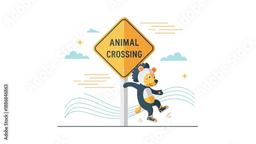 Whimsical Illustration Of A Cartoon Bear Crossing A Road Sign Cartoon Style