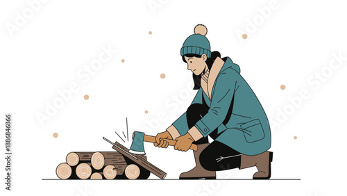 Woman Chopping Wood Illustration In Snowy Weather With Axe And Timber