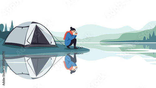 Woman Cleans Glasses By Tent Near Lake Reflecting Serenity and Tranquility