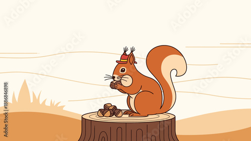 Whimsical Squirrel Enjoying A Nutty Feast In An Autumnal Scene Illustration