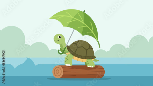 Whimsical Turtle On Log With Leaf Umbrella Cartoon Illustration Graphic