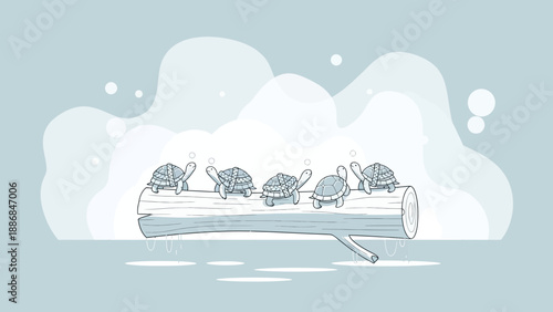 Whimsical Turtles Adrift: Cute Reptiles Floating On A Log In Calm Waterscape