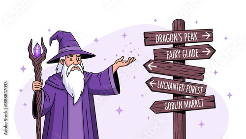 Whimsical Wizard Guiding The Way At Crossroads To Enchanted Destinations