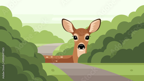 Whitetail Deer Peeking Out From Green Bushes On A Forest Roadway