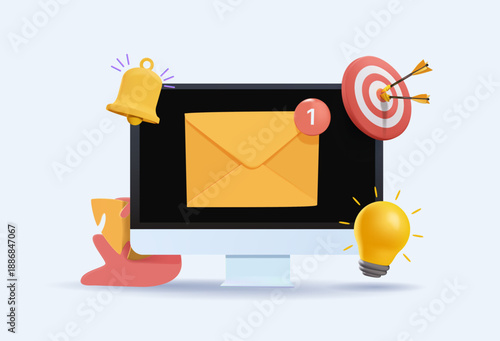 Email marketing concept 3D illustration. Mail newsletter send. Receive envelope email. Message contact reminder. Technology marketing. receiving advertisement sending communicate connect notice read