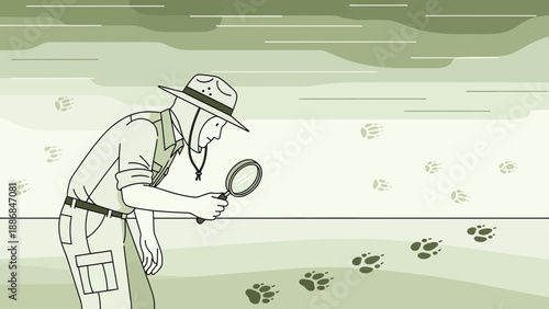 Wildlife Biologist Tracking Animal Footprints In The Wilderness Illustration