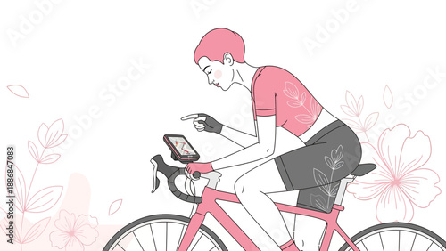 Woman Cyclist Checks Gps Device During Outdoor Ride In a Floral Environment