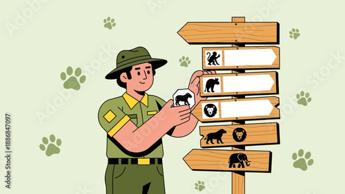 Wildlife Destination Park Ranger Assembling Signage For Visitors Orientation Concept