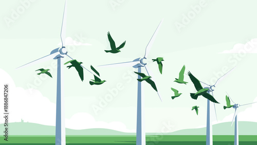Wind Turbines And Birds In Flight Emphasizing Renewable Energy And Nature Balance