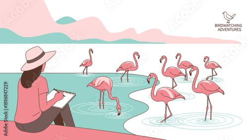 Woman Drawing Pink Flamingos Near Water On A Scenic Birdwatching Adventure