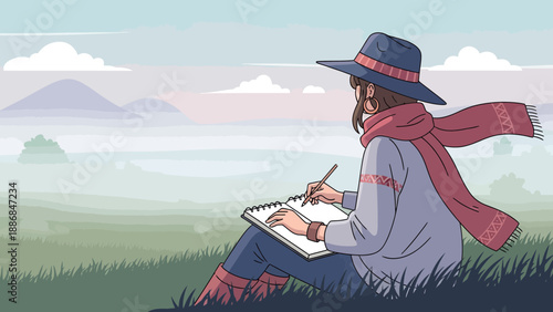 Woman Drawing Nature Landscapes Outdoors Creative Expression Concept Illustration