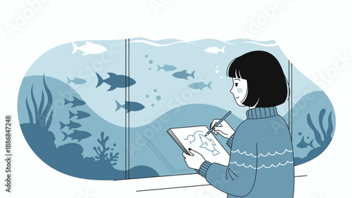 Woman Drawing Fish Tank Creative Aquarium Hobby Underwater Observation