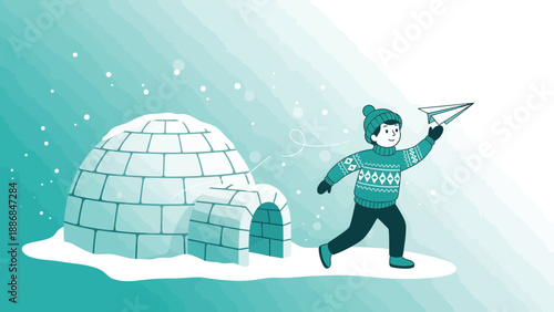 Winter Adventure Boy Plays Paper Plane Near Igloo In Snowy Landscape