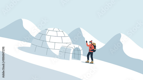 Winter Adventure Hiker Near Igloo In Snowy Mountain Landscape Scene