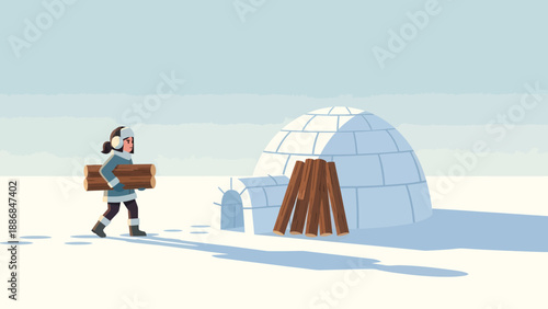 Winter Adventures: Woman Carries Wood To Her Cozy Igloo Home In Snowy Landscape