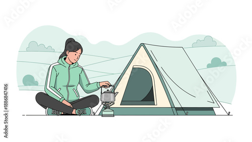 Woman Enjoying Camping Adventure Outdoors in Nature With Campfire Setup
