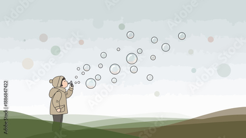 Winter Bubbles Childlike Serenity Youngster Playfully Blowing Bubbles in Pastel Hues