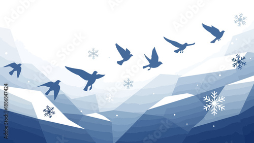 Winter Birds Flying Over Snowy Mountains Graphic in Minimalistic Style