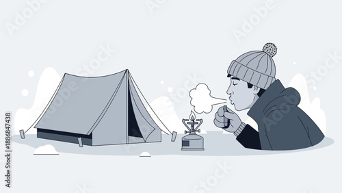 Winter Camping Adventure Man Igniting Stove Beside Tent Under Cold Weather