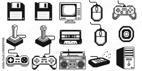 Pixelated Retro 8-Bit Tech Icon Collection Vintage Digital Pixel Art Vector Black White Geometric