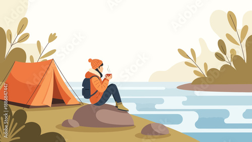 Woman Enjoying Coffee During Camping Adventure Near Calm Lake Scenery