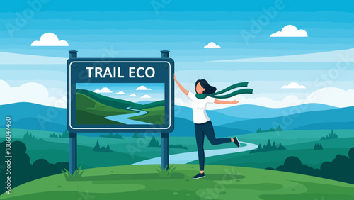 Woman Enjoying Eco Trail Nature Scenery With Scenic Landscape Illustration