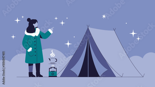 Winter Camping Adventure Under Starry Night Sky In The Outdoors Holiday