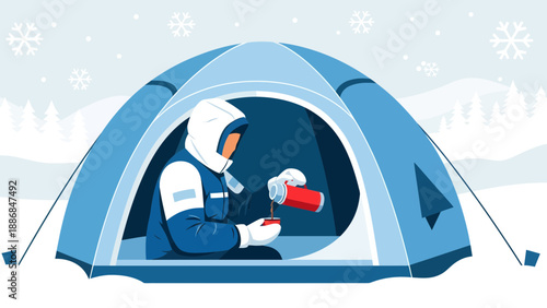 Winter Camping Retreat Enjoying Hot Drink In Tent Surrounded By Snowy Landscape