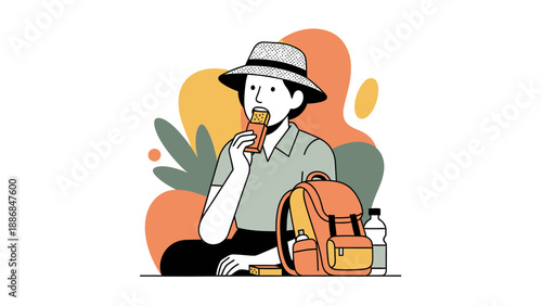 Woman Enjoying Snack During Outdoor Adventure Relaxing With Backpack