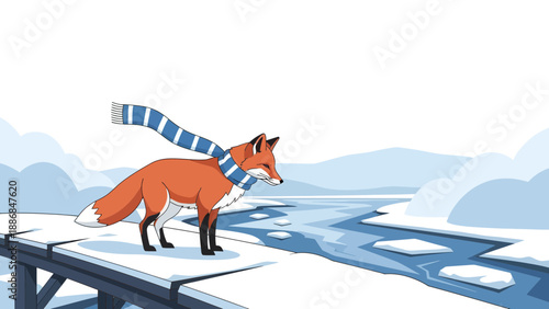 Winter Fox Wearing Scarf Against Icy River Scene Cartoon Illustration