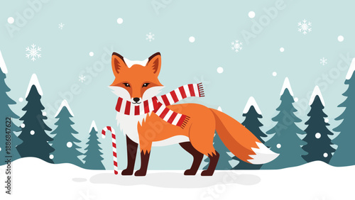 Winter Fox With Striped Scarf And Candy Cane In Snowy Forest Landscape